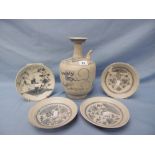 A oriental blue and white pot and four dishes