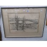 A pen and ink drawing, landscape, artist Ernst Grunbaum,