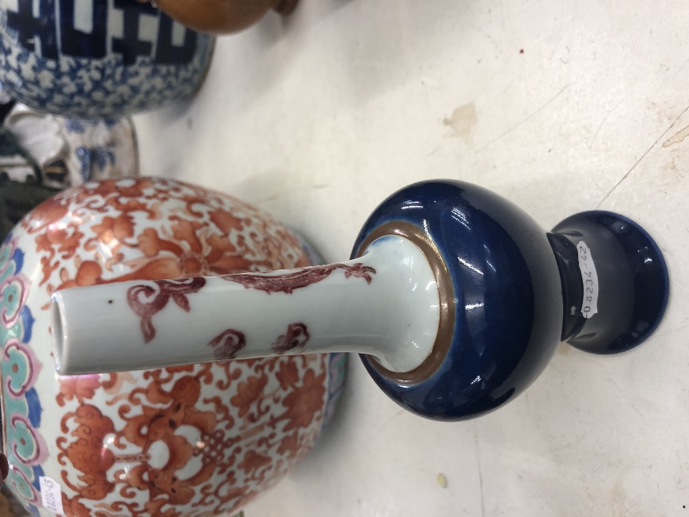 A pair of Chinese long neck vases with blue ground body, painted with red dragons, - Image 7 of 10