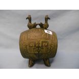 A bronze antique Chinese double bird drum statue,