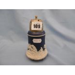 A dark blue Wedgewood jasper ware muffineer with silver plated top