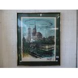 A framed lithograph of Notre Dame,