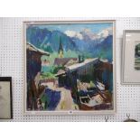 A framed Walter Langhammer (1905-1977) oil painting, Alpine town with Alps in background,