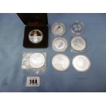Eight one ounce silver coins, assorted