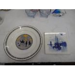 A Royal Doulton Kensington Gardens plate and a blue and white tile