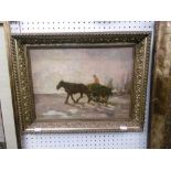A gilt framed oil on canvas of horse and cart in impressionist style signed H Ellis width 46cm