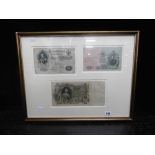 A set of three framed Imperial Russian banknotes