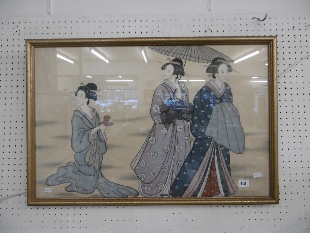 A Japanese watercolour on silk of three geisha girls circa 1920