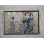 A Japanese watercolour on silk of three geisha girls circa 1920