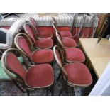 SET OF EIGHT BENTWOOD CHAIRS WITH BURGANDY SEATS AND BACKS