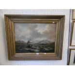 A gilt framed, 19th century oil on board, ships off coast,