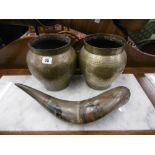 A pair of indo Persian brass pots and a Argentinean horn decorated with gauchos and crests