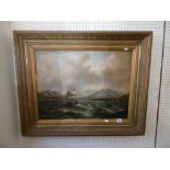 A gilt framed, 19th century oil on board, ships off coast, unsigned,