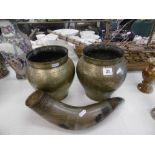 A pair of indo Persian brass pots and a Argentinean horn decorated with gauchos and crests
