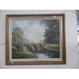 An oil on board, country bridge over the river scene,