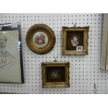 Two gilt framed miniature paintings and Limoges plaque