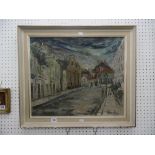 An oil on board, continental street scene,