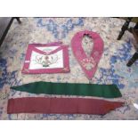 Assorted Free Masons regalia including two collars with silver gilt jewels and a Victorian collar