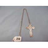 A white metal and blue enamel cross on sterling silver chain,