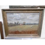 A gilt framed oil on board pastoral landscape