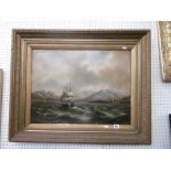 A gilt framed, 19th century oil on board, ships off coast, unsigned,