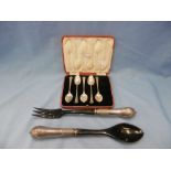 A part boxed set of hm silver tea spoons plus a pair of salad servers