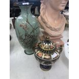 A Royal Crown Derby urn and a cloisonne vase (both damaged)