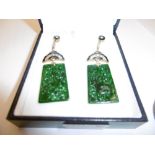 A pair of art deco style drop earrings, jade,
