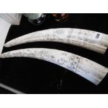 A pair of faux tusks decorated with scrimshaw