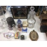 A collection of assorted sundries including a 19th century decanter (replacement stopper),