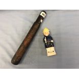 A 19th century truncheon with royal coat of arms plus a 19th century Staffordshire muffineer in the
