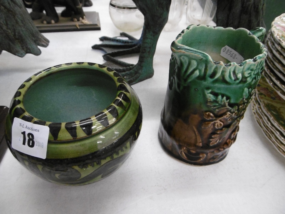 A studio pottery vase and a Majolica jug