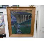 An oil painting of steam train on a viaduct