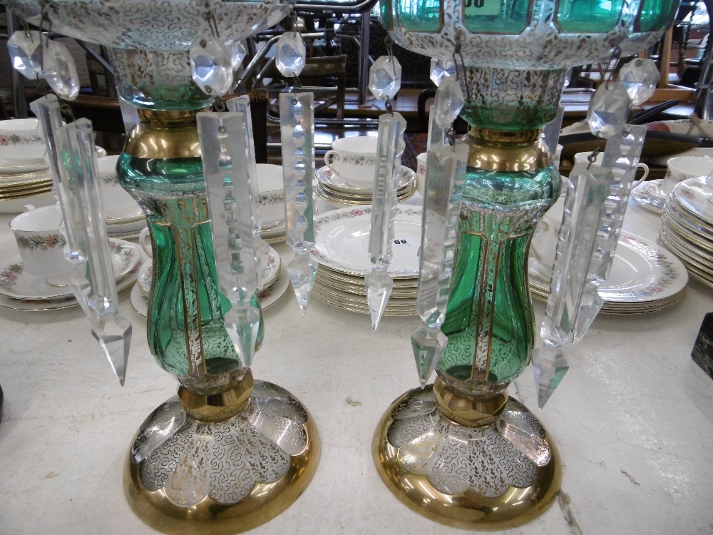 A pair of green and gilt overlay lustre's - Image 3 of 3