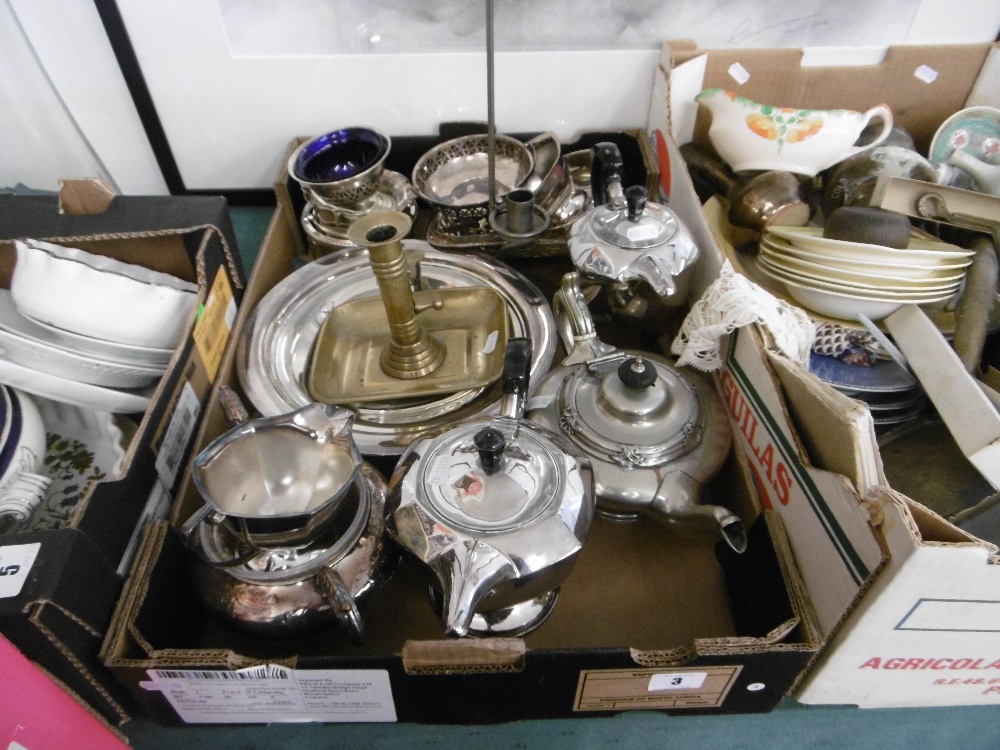 A quantity of metal items including silver plated tea set