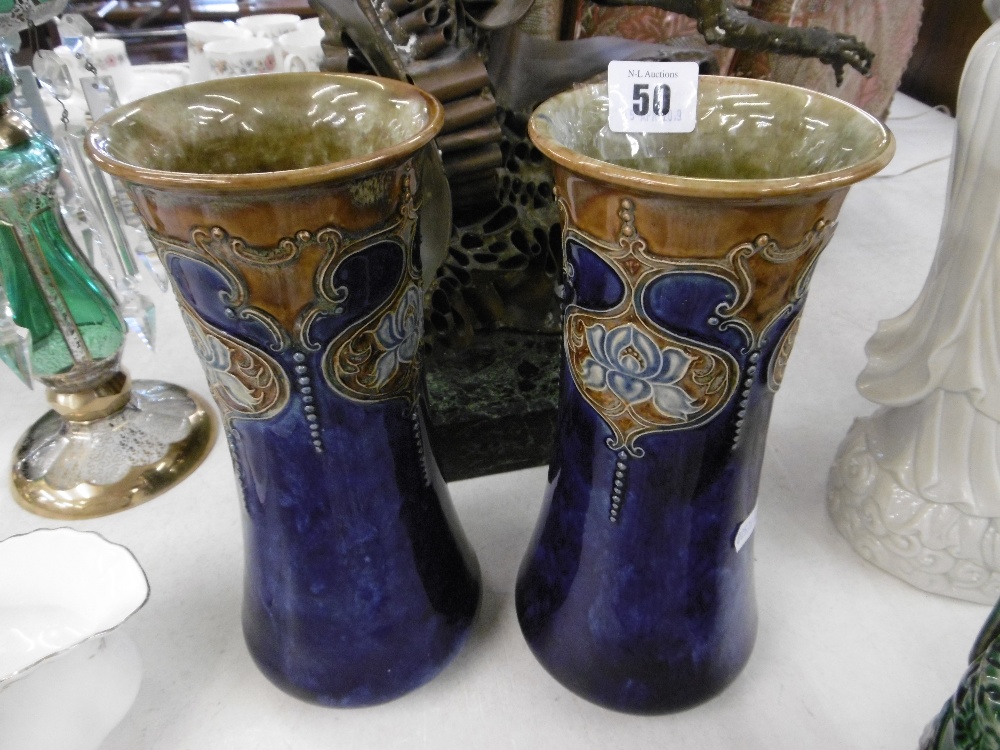 A pair of Royal Doulton Lambeth vases monogrammed to base,