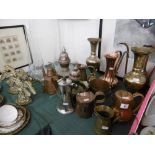 A quantity of metalware including some eastern and a pair of Victorian fire dogs