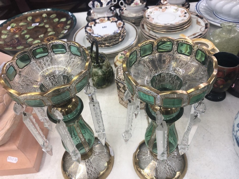 A pair of green and gilt overlay lustre's - Image 3 of 12