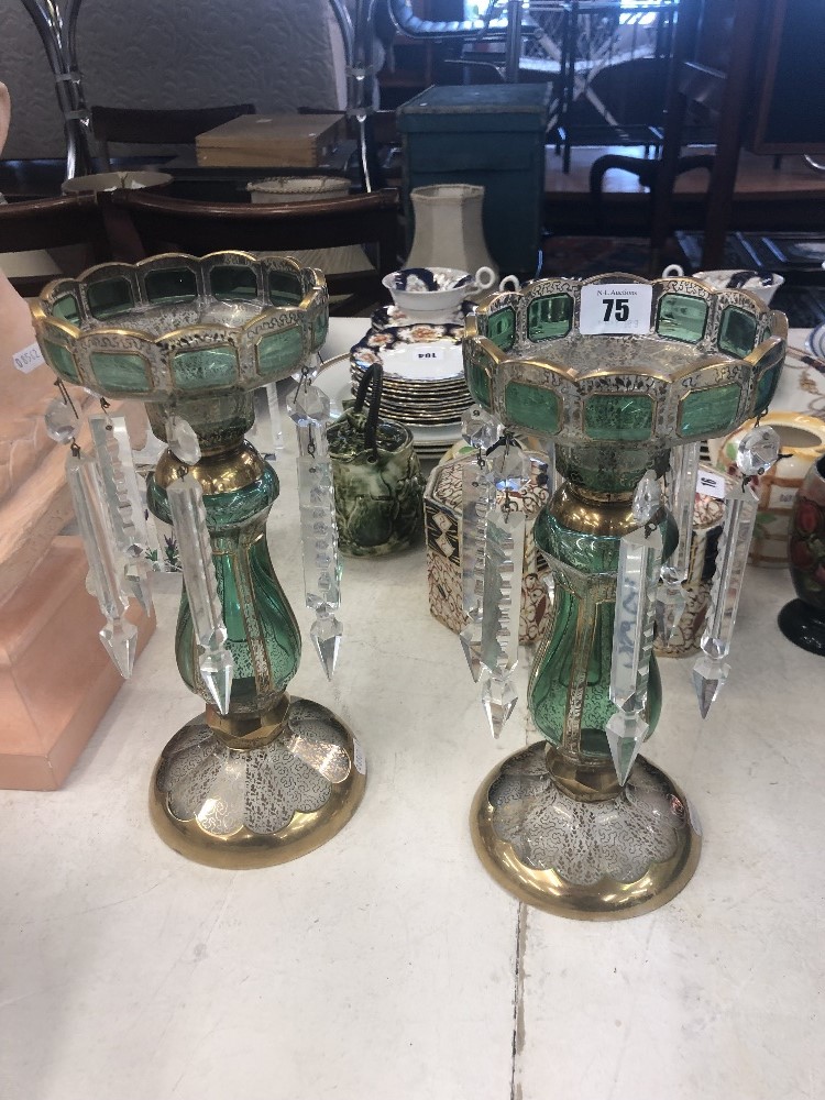 A pair of green and gilt overlay lustre's - Image 9 of 12