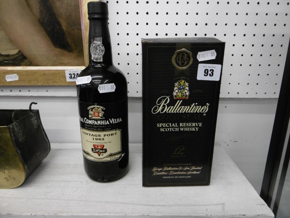 A bottle of 1980s Ballantine gold seal whisky and a bottle of Real Companhia Velha vintage port