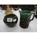 A studio pottery vase and a Majolica jug