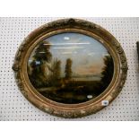 A gilt framed oval painting pastoral landscape,