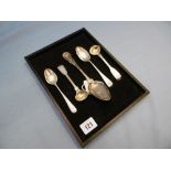 A small collection of Georgian and Victorian flatware including a pair of George Adams salt spoons