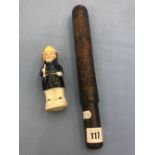 A 19th century truncheon with royal coat of arms plus a 19th century Staffordshire muffineer in the