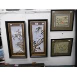 Two framed Chinese shell pictures of birds and flowers and two Chinese silk embroidered panels