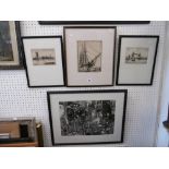 Three framed etchings plus one chair