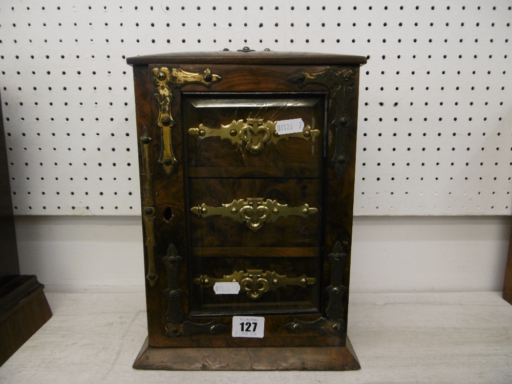 A 19th century table top burr walnut brass bound collectors cabinet