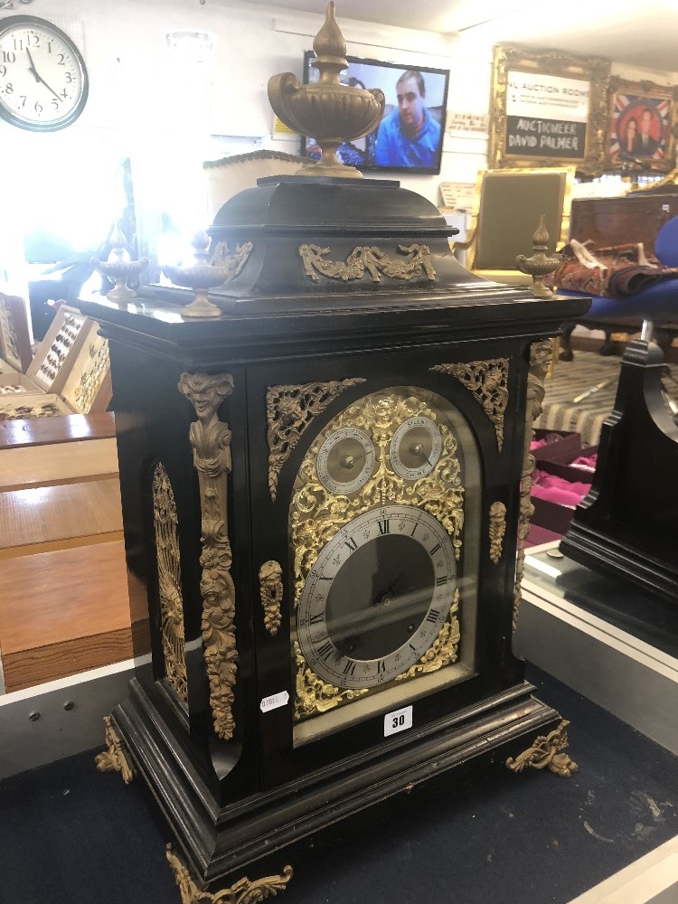 An ebonised ormulu mounted bracket clock (with bracket shelf), twin chain movement, - Image 3 of 11