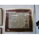 A framed John Speed 17th century coloured engraved map Carmathenshire "Caermarden both shyre and