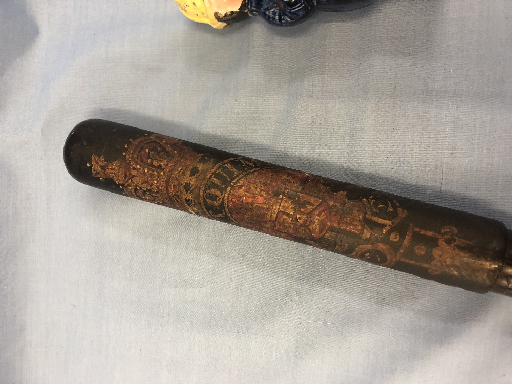 A 19th century truncheon with royal coat of arms plus a 19th century Staffordshire muffineer in the